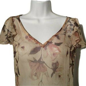 Lauren Ralph Lauren Women's Sz 2 Petite Floral V-Neck Sheer Drop Waist Dress Tan